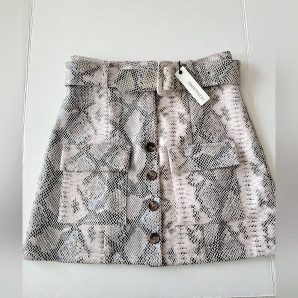 Snakeskin Print Button-Front Mini Skirt with Belt